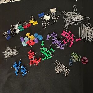 Colorful Office Supplies Set, push pins, clamps, paperclips